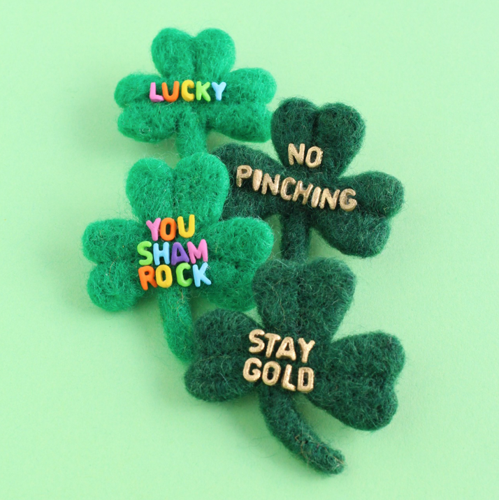 st patrick's day crafts diy shamrock pins with words on front