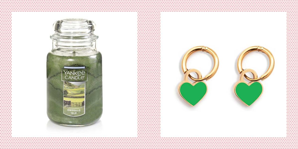 st patrick's day gift ideas emerald isle yankee candle and green heart pendant gold hoop earrings