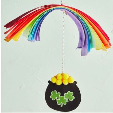 st patricks day crafts including shamrock ornament and pot of gold under the rainbow mobile