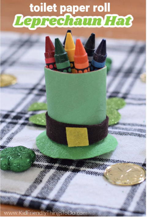 st pactrick's day crafts, leprechaun hat crayon holder with crayons inside