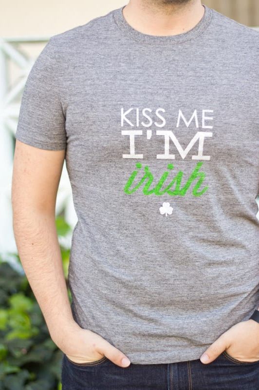 gray diy st patricks day tee shirt that says kiss me i'm irish in white and green type