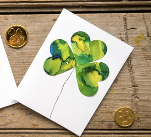 st patrick's day crafts, white card with watercolor clovers