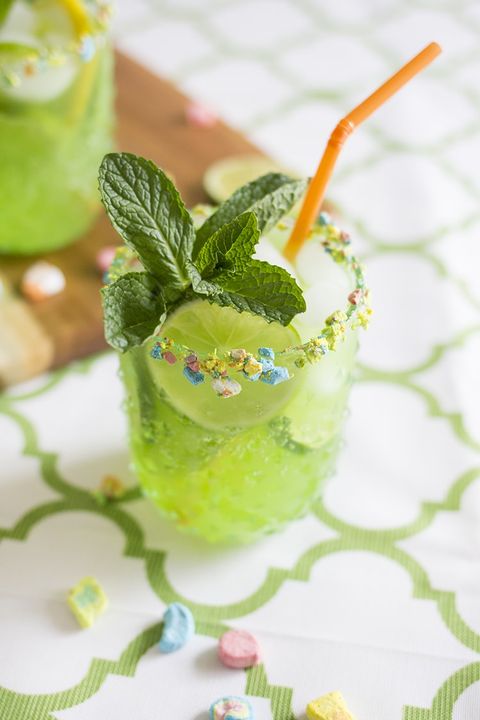 lucky leprechaun rum punch with lucky charm rim and mint