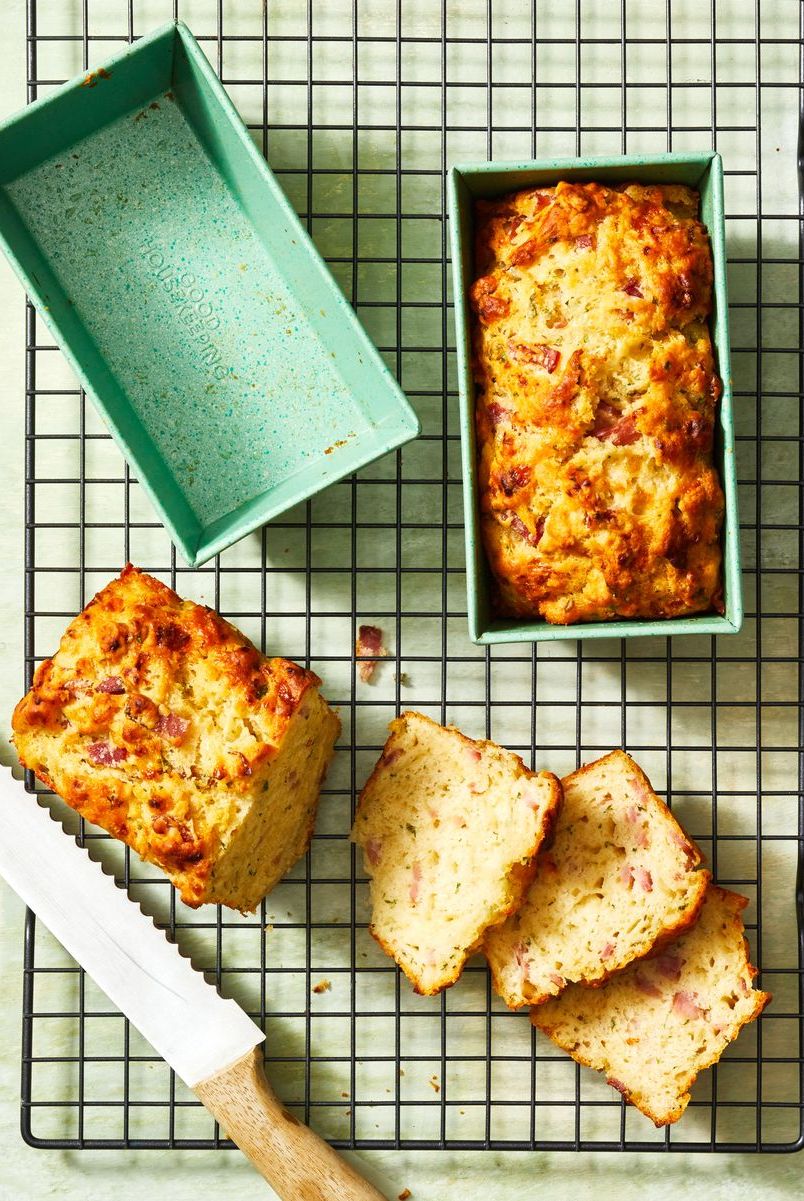 ham and cheese beer bread in a green loaf pan