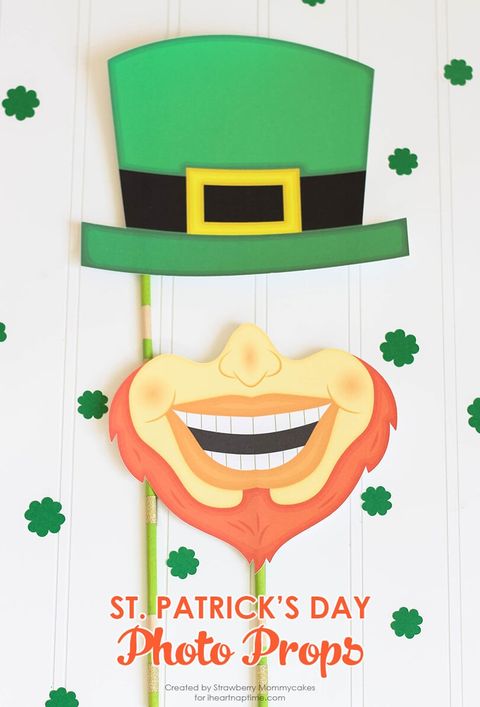 st patricks day games photo props including green top hat and red beard attached to wooden dowels