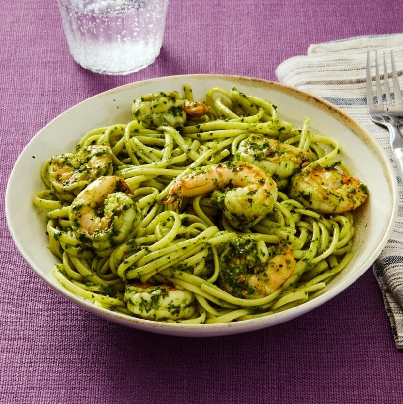 st patricks day green food recipes pasta with shrimp and pistachio pesto