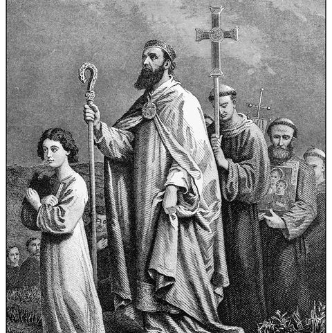 antique illustration of important people of the past st patrick journeying to tara