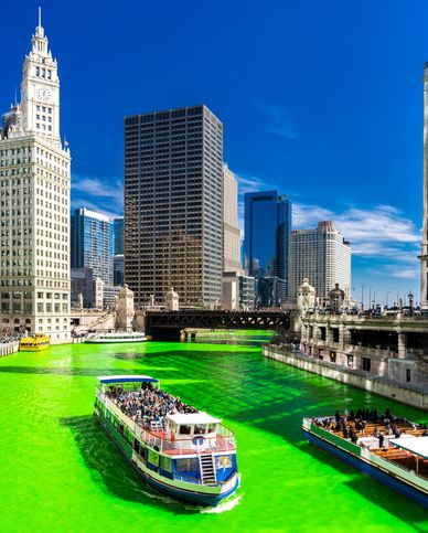 chicago river dyed green with skyscrapers around it and a tour boat on the water