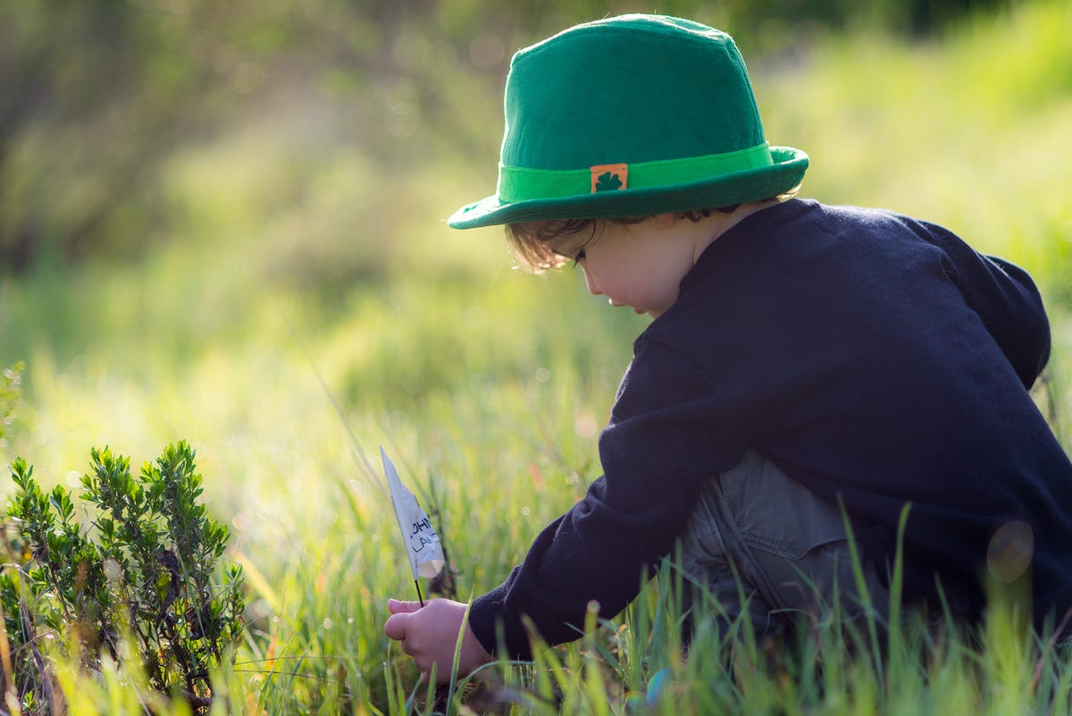 young boy playing in the grass wearing a green fedora hat for st patricks day