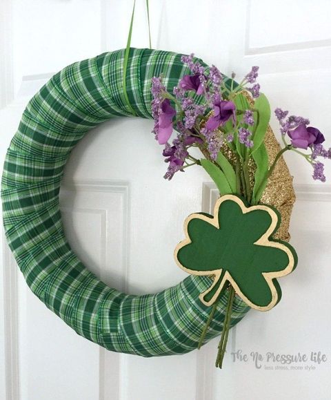 wreath wrapped with plaid fabric and shamrock