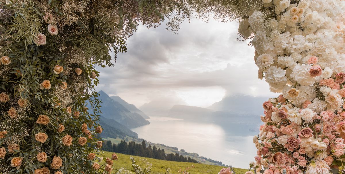 wedding ceremony outdoor and wedding arch at villa honegg lake lucerne