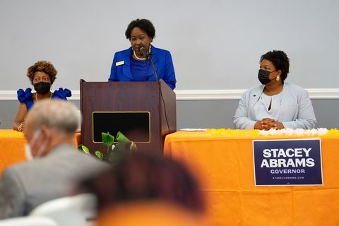 stacey abrams attends and speaks at community event in baconton, ga on july 16th, 2022