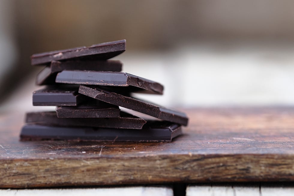 Stack of broken chocolate bar pieces