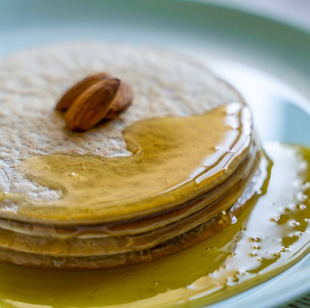 almond flour stack of pancakes with honey and almonds