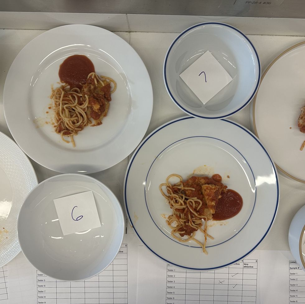 stain testing dinner plates with chicken parmesan, spaghetti and tomato sauce