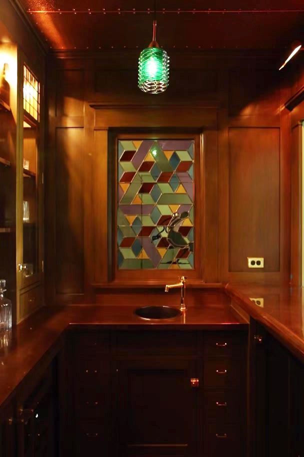 home bar with stained window