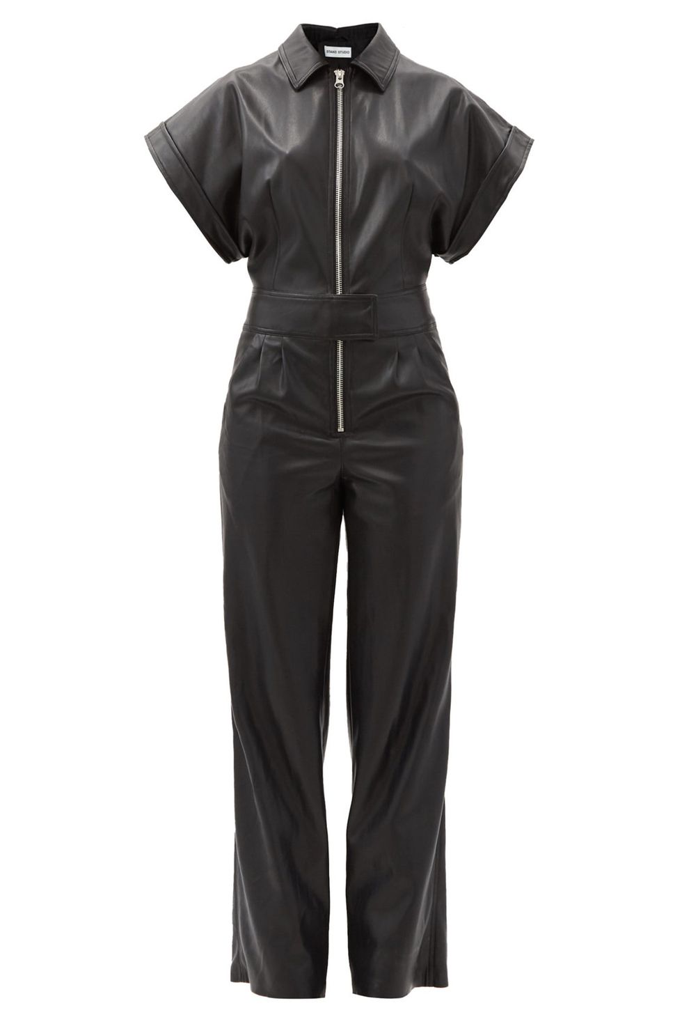 Unique Vintage 1970s Black Faux Leather Belted Jumpsuit