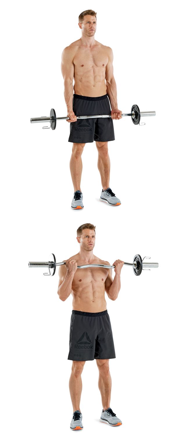 Exercise equipment, Weights, Barbell, Overhead press, Shoulder, Free weight bar, Arm, Standing, Joint, Physical fitness, 