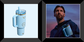 lionel messi carrying light blue stanley tumbler