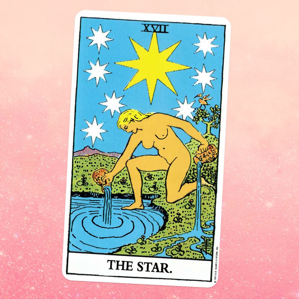 the tarot card for the star, showing a nude white woman with blonde hair kneeling in front of a pond, pouring two pitchers of water on the ground, with a giant star in the sky behind her