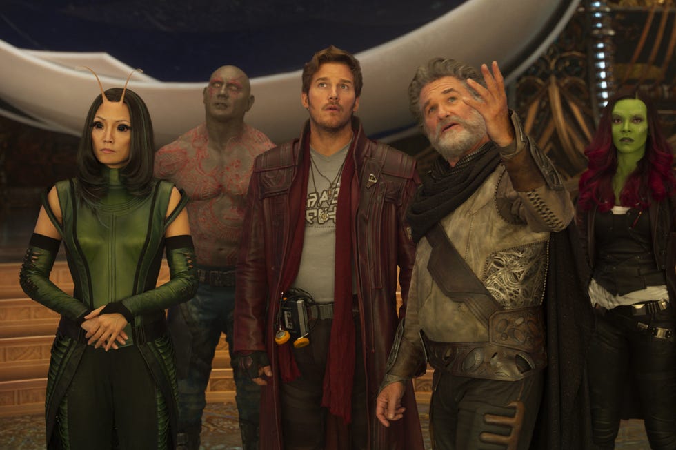 guardians of the galaxy vol 2l to r mantis pom klementieff, drax dave bautista, star lordpeter quill chris pratt, ego kurt russell and gamora zoe saldanaph film frame©marvel studios 2017