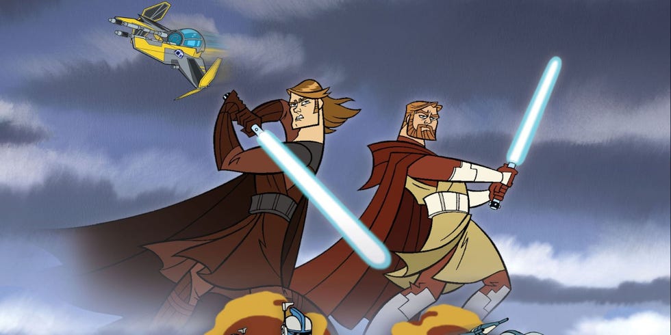 animated anakin and obiwan wield light sabers in a scene from the clone wars