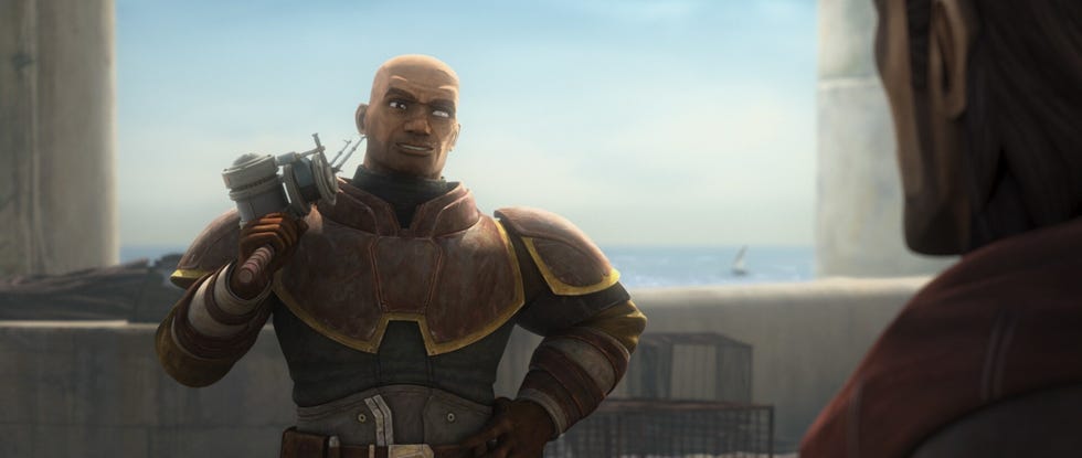 two animated characters conversing in a coastal setting in a scene from the bad batch