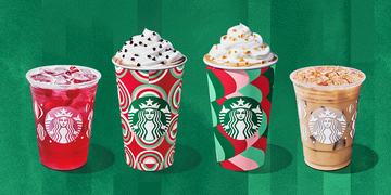 four starbucks beverages on a green background