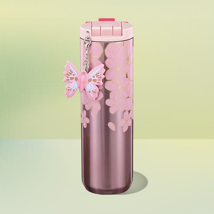 pink cherry blossom tumbler with butterfly charm