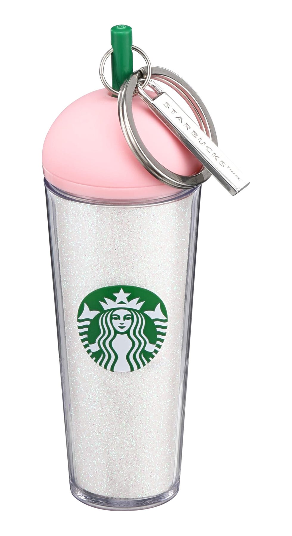 starbucksthemed tumbler with a glittery design and a keychain