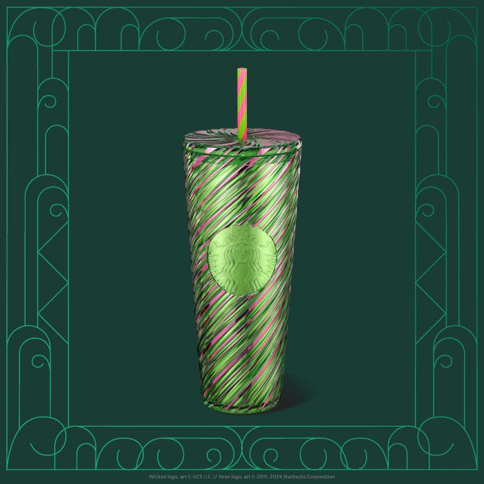 starbucks pink and green swirl cold cup and keychain
