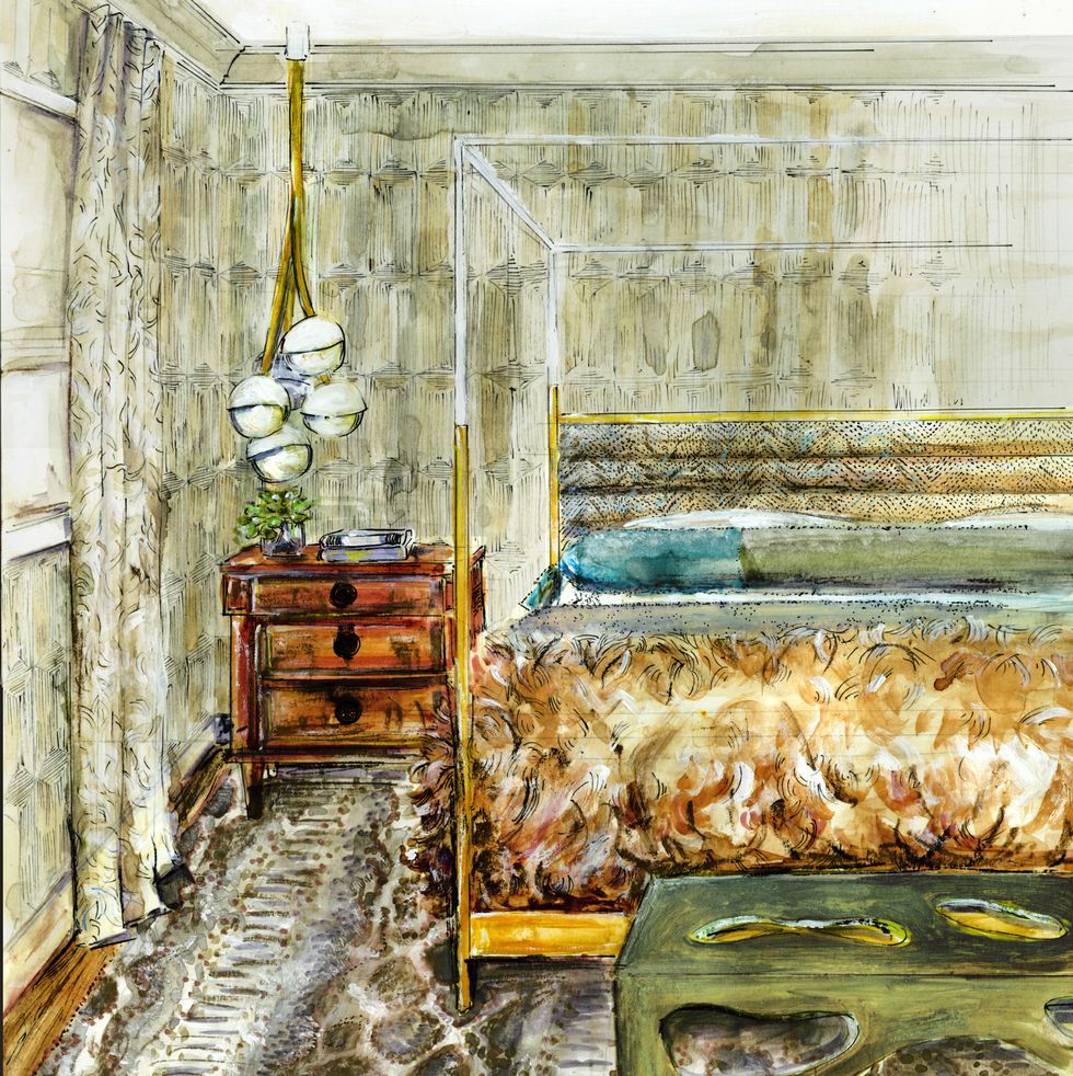 Sketched rendering of bedroom featuring snakeskin-print carpet