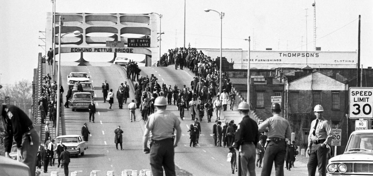 civil rights marchers on bridge