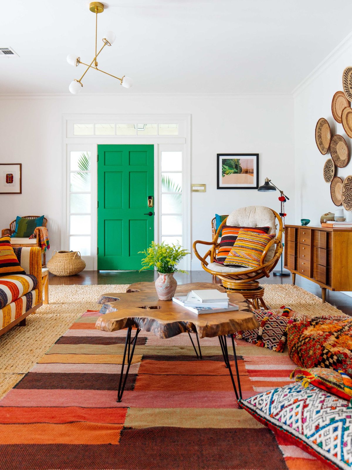Living room, Room, Furniture, Interior design, Green, Orange, Property, Floor, Yellow, Turquoise, 