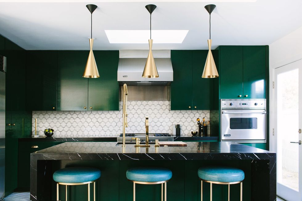 Countertop, Room, Kitchen, Cabinetry, Furniture, Turquoise, Green, Interior design, Property, Ceiling, 