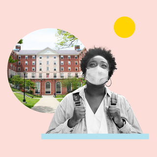 This is an image a woman wearing a face mask and a backpack