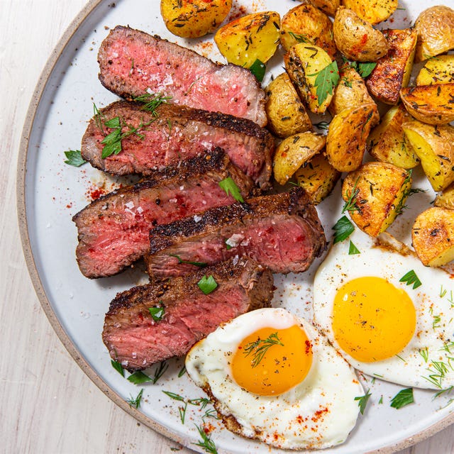 steak eggs on a plate with potatoes