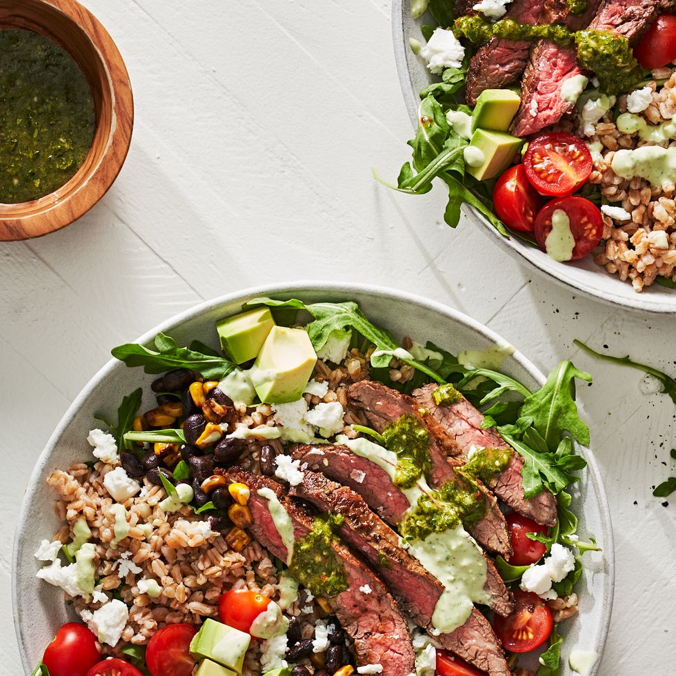 Grain Bowls with Grilled Corn, Steak, and Avocado Recipe