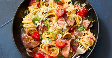bowl with spaghetti and steak tossed with a horseradish tomato pasta sauce