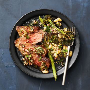 steak with beans and roasted broccolini