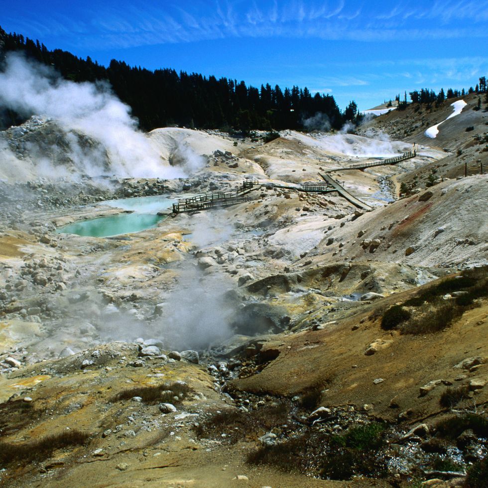 steam rising in bumpass hell lassen volcanic national park, california