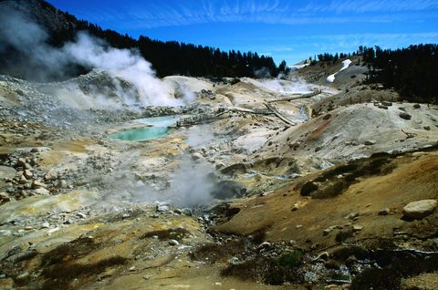 steam rising in bumpass hell lassen volcanic national park, california