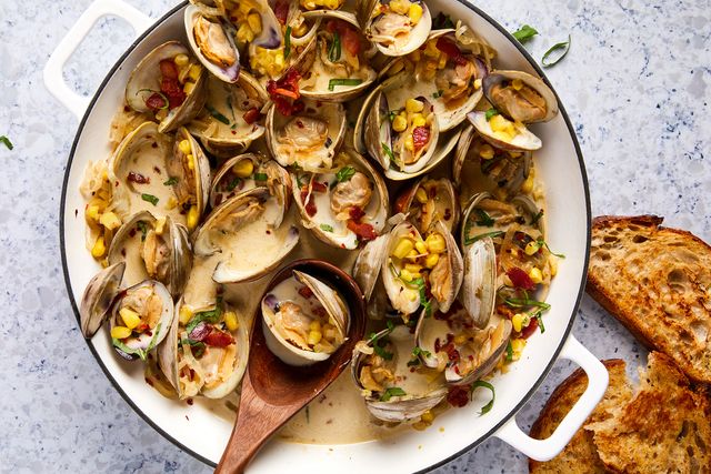 steamed clams with bacon, corn, and basil