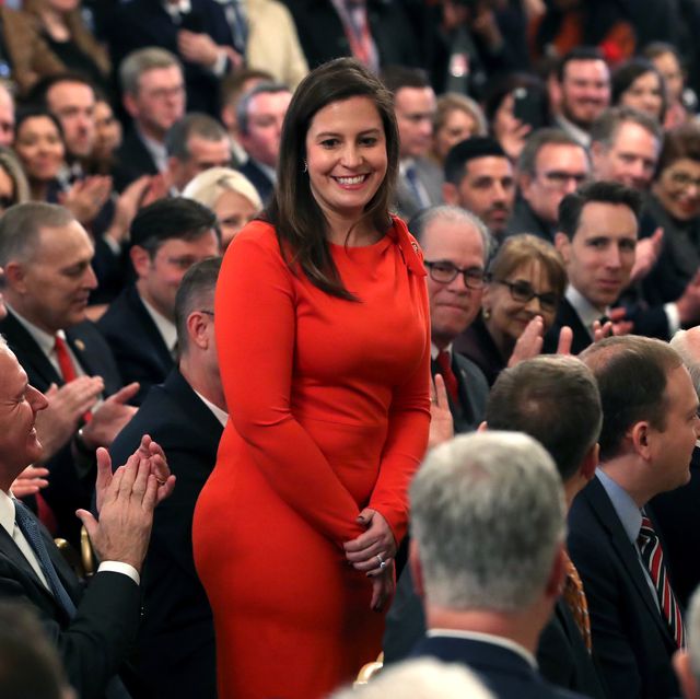washington, dc   february 06 rep elise stefanik r ny c stands as she's acknowledged by us president donald trump as he speaks one day after the us senate acquitted on two articles of impeachment, in the east room of the white house february 6, 2020 in washington, dc after five months of congressional hearings and investigations about president trump’s dealings with ukraine, the us senate formally acquitted the president of charges that he abused his power and obstructed congress  photo by mark wilsongetty images