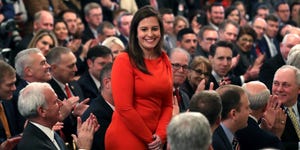 washington, dc   february 06 rep elise stefanik r ny c stands as she's acknowledged by us president donald trump as he speaks one day after the us senate acquitted on two articles of impeachment, in the east room of the white house february 6, 2020 in washington, dc after five months of congressional hearings and investigations about president trump’s dealings with ukraine, the us senate formally acquitted the president of charges that he abused his power and obstructed congress  photo by mark wilsongetty images