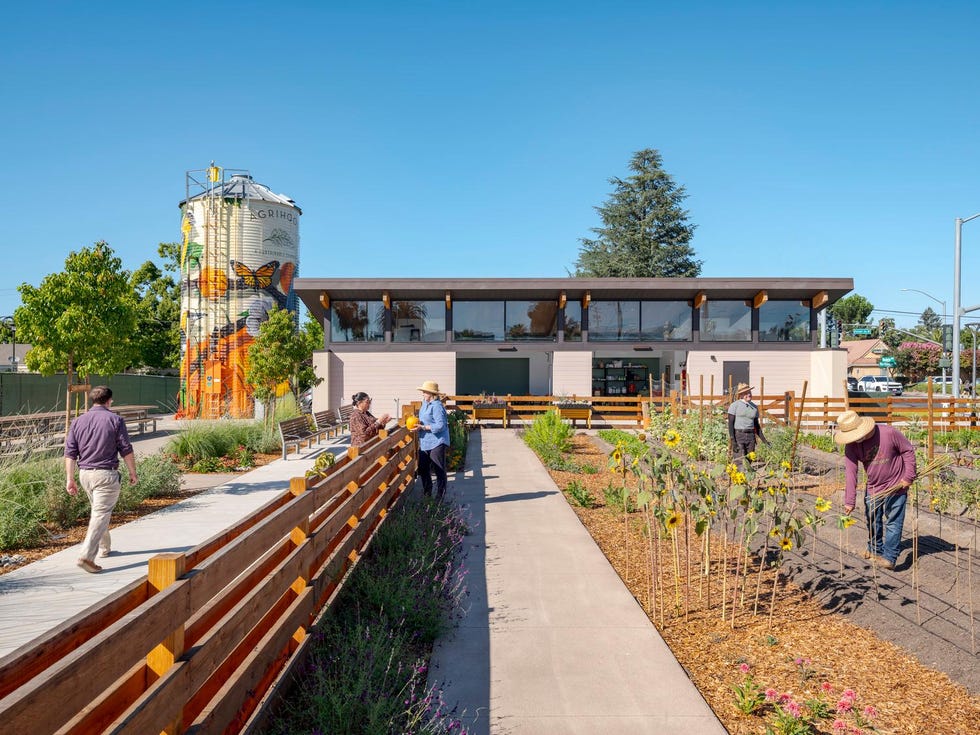 a group of people walking around a garden in agrihood community