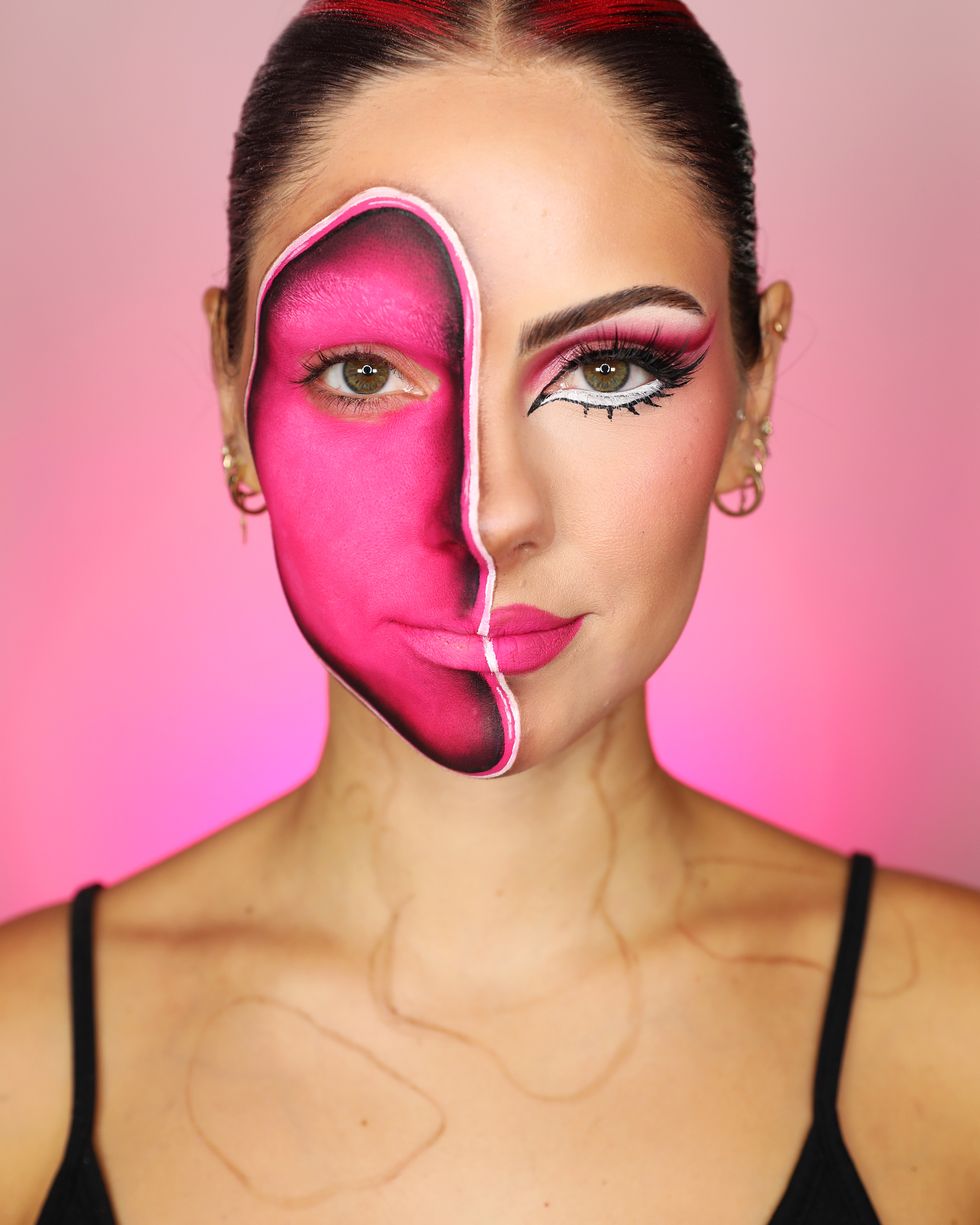 a woman with pink makeup