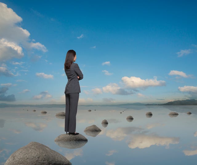 Woman on stepping stones making a choice - your no fuss guide to investment