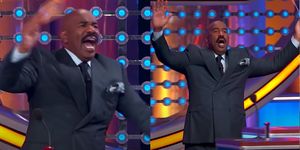 steve harvey screams on stage after playfully mocking a 'family feud' contestant