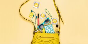 Yellow, Bag, Shoulder bag, Luggage and bags, Sunglasses, Strap, Wire, Cable, Scissors, Zipper, 